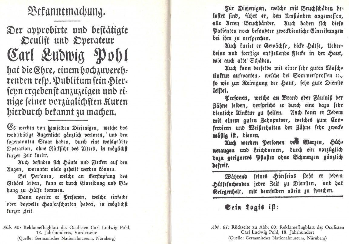 Reklameflugblatt 18. Jh. Deneke S. 412f.